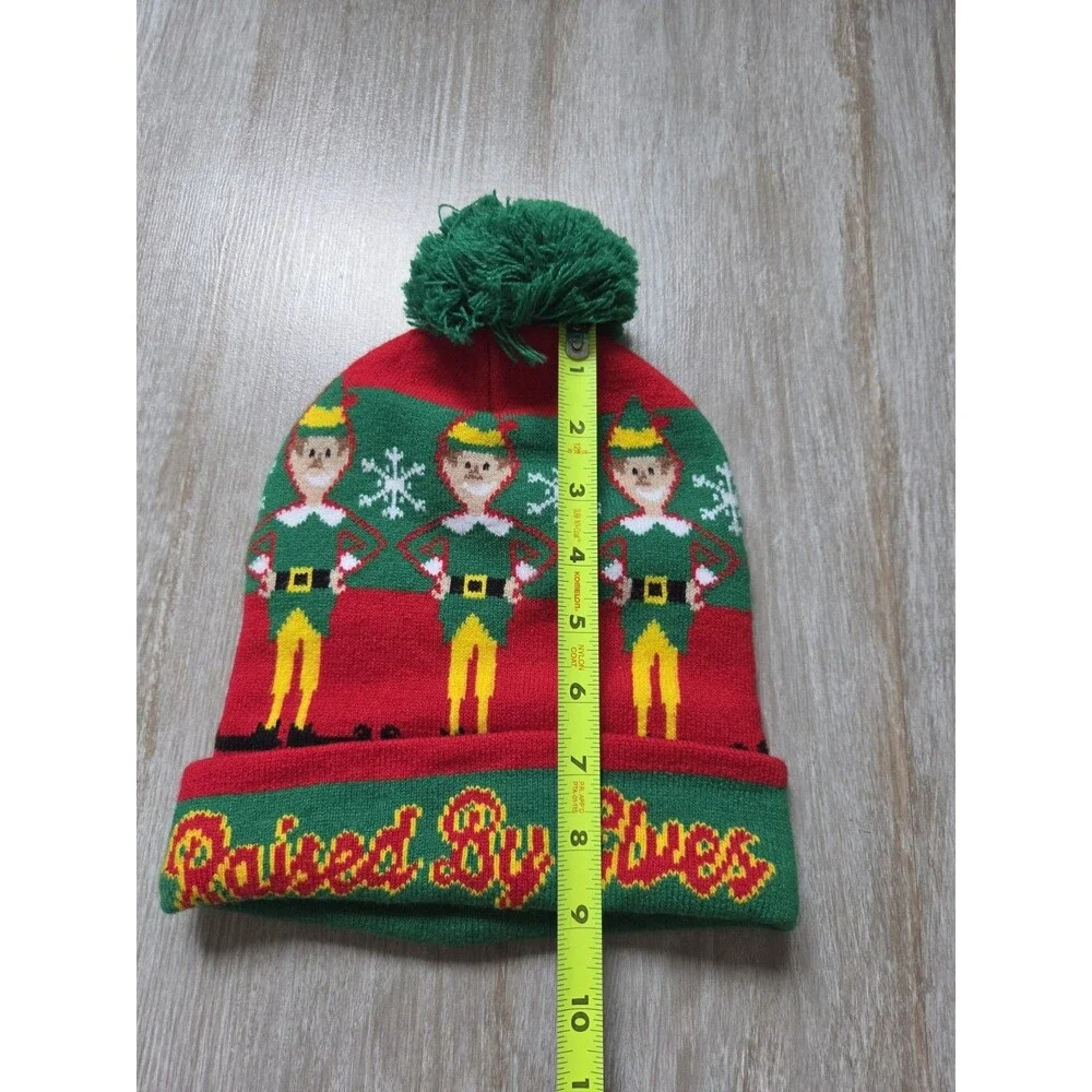 Elf Movie Raised By Elves Christmas Pom Pom Beanie Red Green One Size EUC